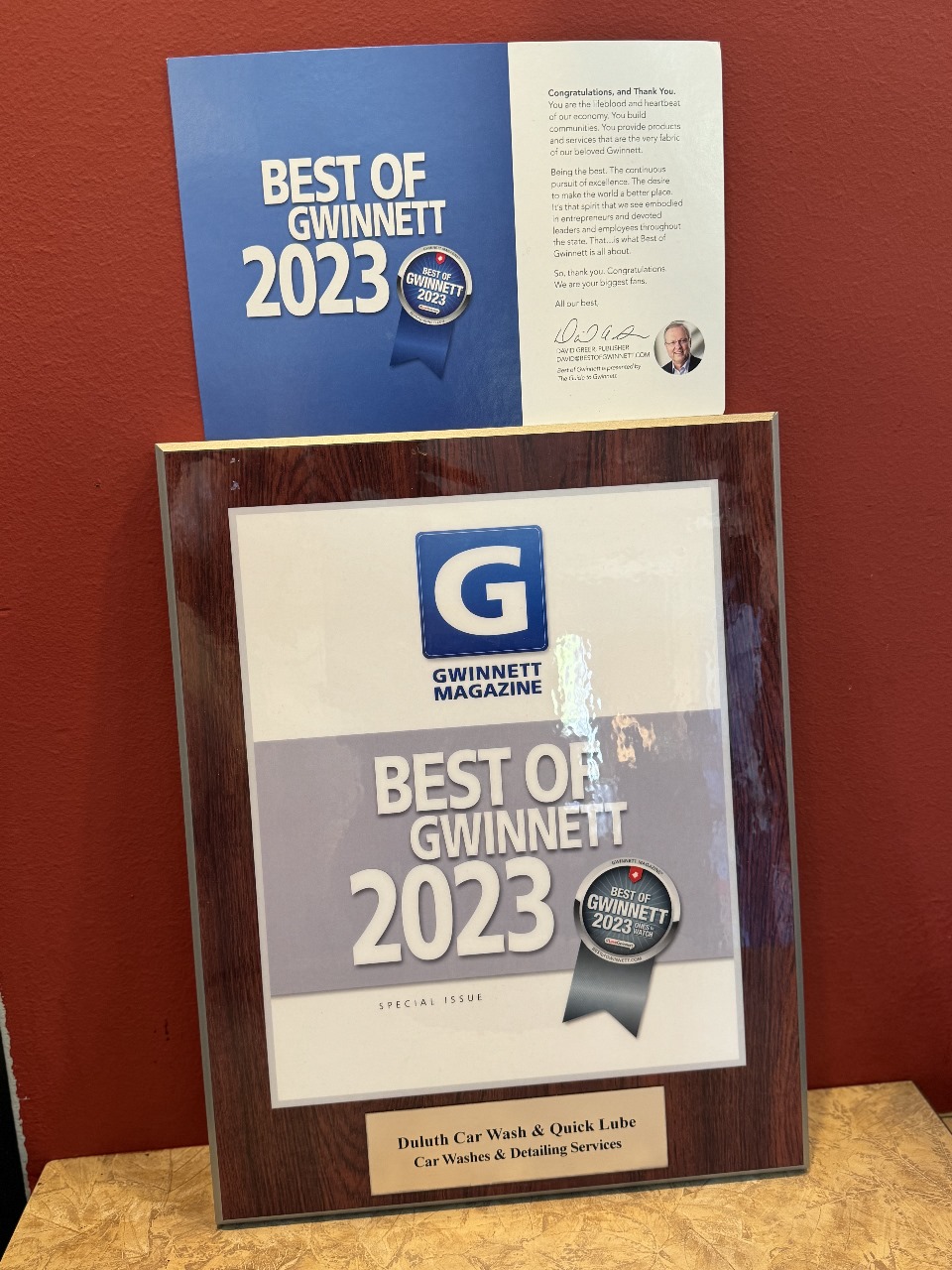 Award for Best of Gwinnett 2023 for our auto wash services